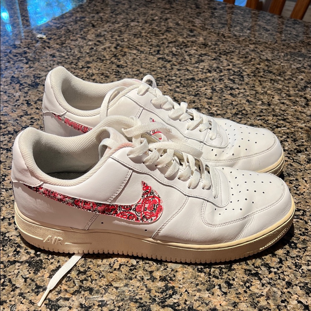 Nike Air White Sneakers with Red Paisley Swoosh